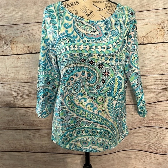 Talbots “The Perfect Tee” Top Paisley 3/4 Sleeves Size LP Large Petite Blue - Picture 1 of 9